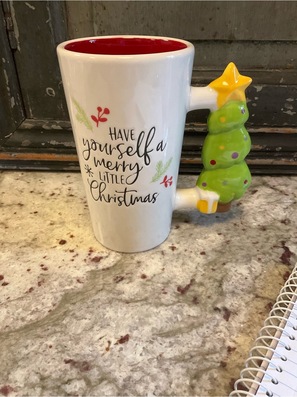 Festive Christmas Tree Ceramic Mug - White with Green Tree Handle